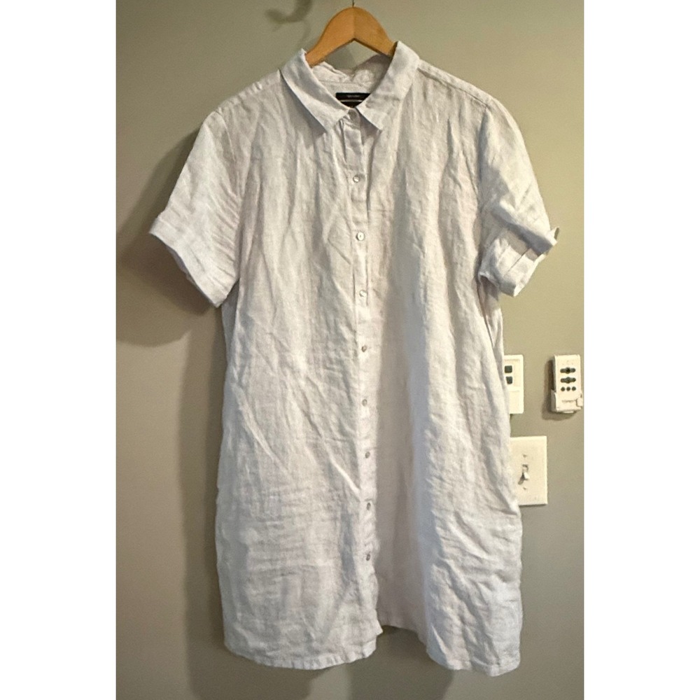 Tahari Shirt Dress Womens XL Blue White Striped 100% Linen Short Sleeve Pockets